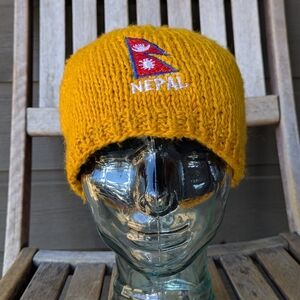Nepal 100% Wool Embroidered Knit Fleece Lined Cap Toque Beanie Marigold Red